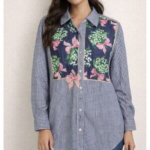 The Quacker Factory Gingham Floral Button Top